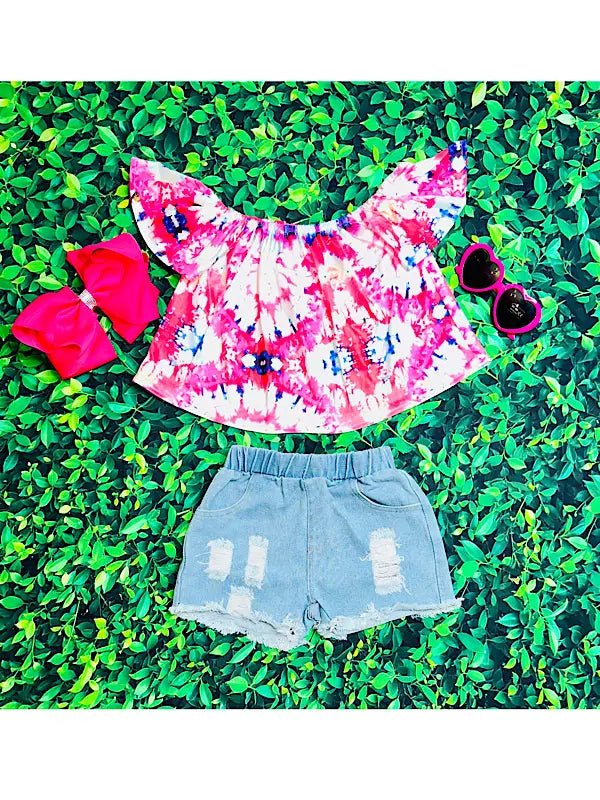 Dress Your Little Trendsetter in Style wGet Your Kids Ready for Fun in the Sun with Our Tie-Dye Off-the-Shoulder Top and Light Denim Shorts - Perfect for Stylish Little Ones! Shop Now at HuniBee Boutiqueith Our Tie-Dye Off-the-Shoulder Top and Light Denim Shorts - A Must-Have 2-Piece Set for Fashion-Forward Kids! Explore Now at HuniBee Boutique.