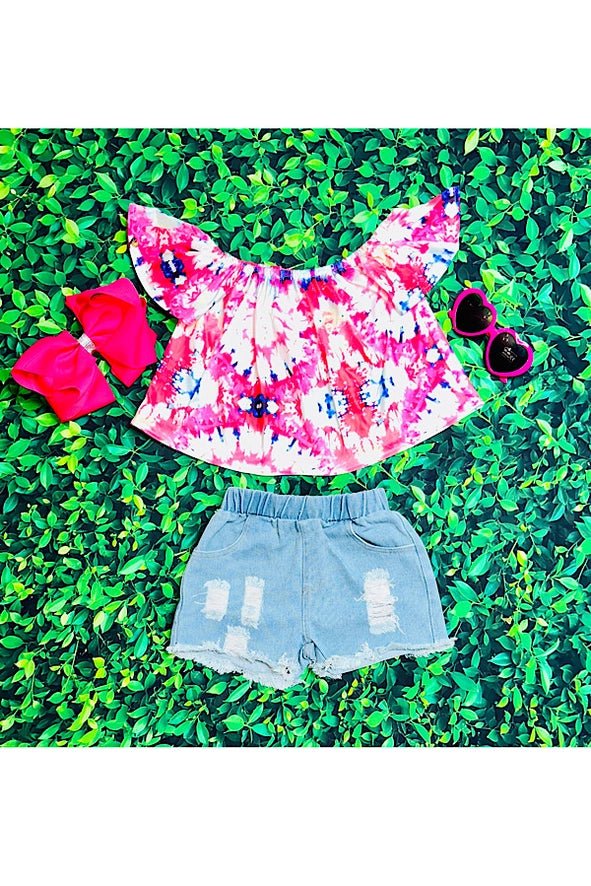 Add a Pop of Color to Your Child's Wardrobe with Our Tie-Dye Off-the-Shoulder Top and Light Denim Shorts - Perfect for Trendy Kids! Explore Now at HuniBee Boutique.