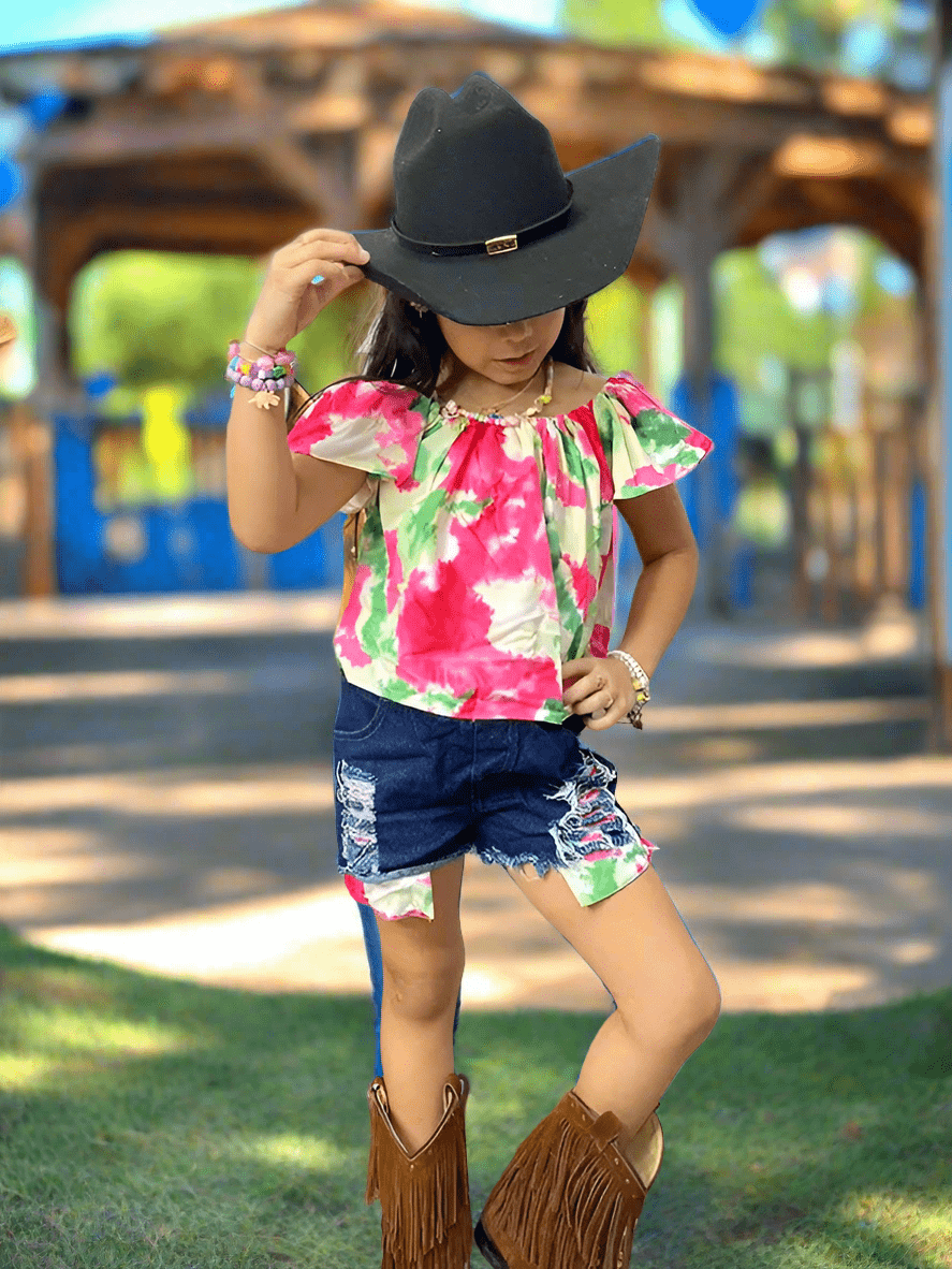 Kids Tie Dye Off Shoulder Top Denim Shorts 2ps Sets