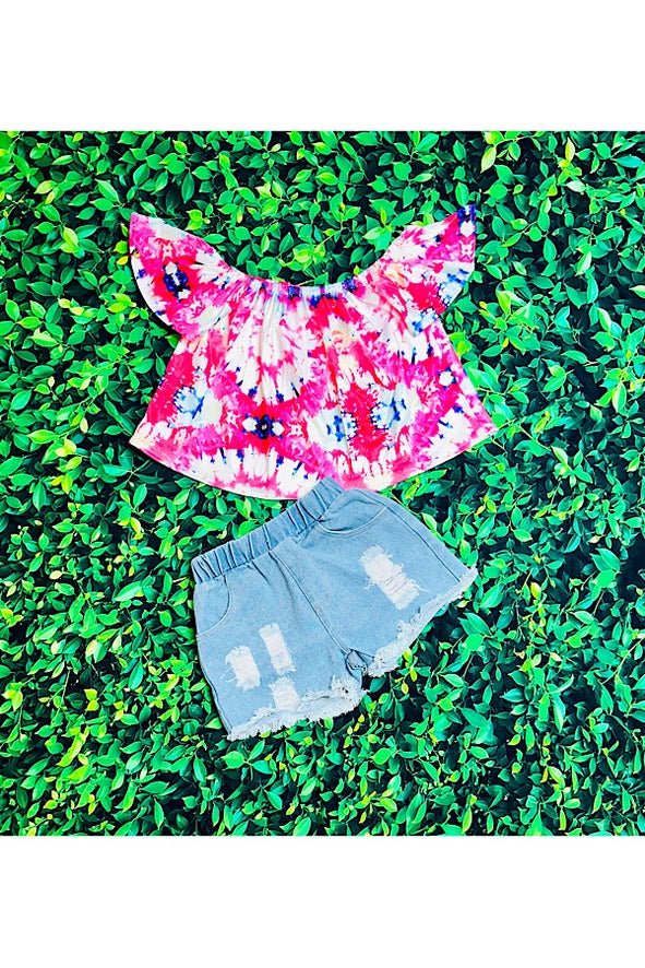 Get Groovy with Our Tie-Dye Off-the-Shoulder Top and Light Denim Shorts - A Fun 2-Piece Set for Fashionable Kids! Shop Now at HuniBee Boutique.