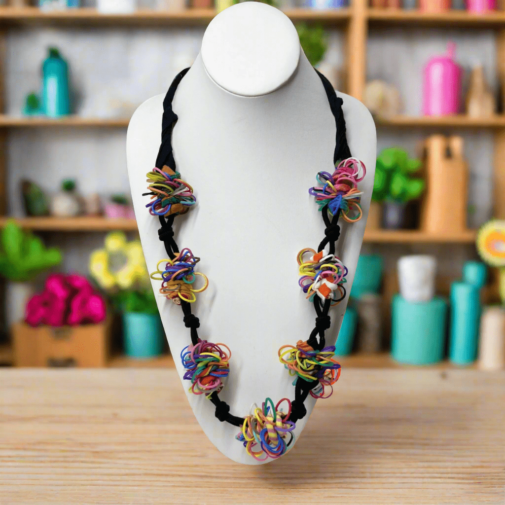 Handmade colorful necklace for women Unique bohemian necklace gift Multi-color statement necklace Artisan handcrafted jewelry piece Boho chic handmade necklace Colorful necklace with cotton beads Handmade fashion jewelry for her Trendy boho necklace handmade Colorful statement piece jewelry Fashionable handmade accessories for women