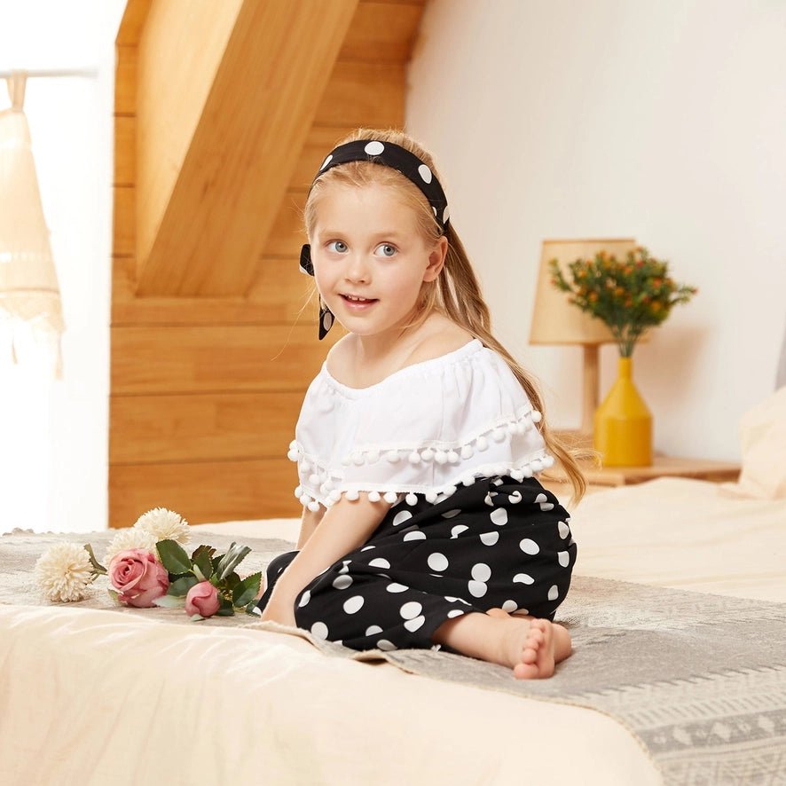 Fashionable Pompon Flounced Top and Pants Set 3 Pc Set