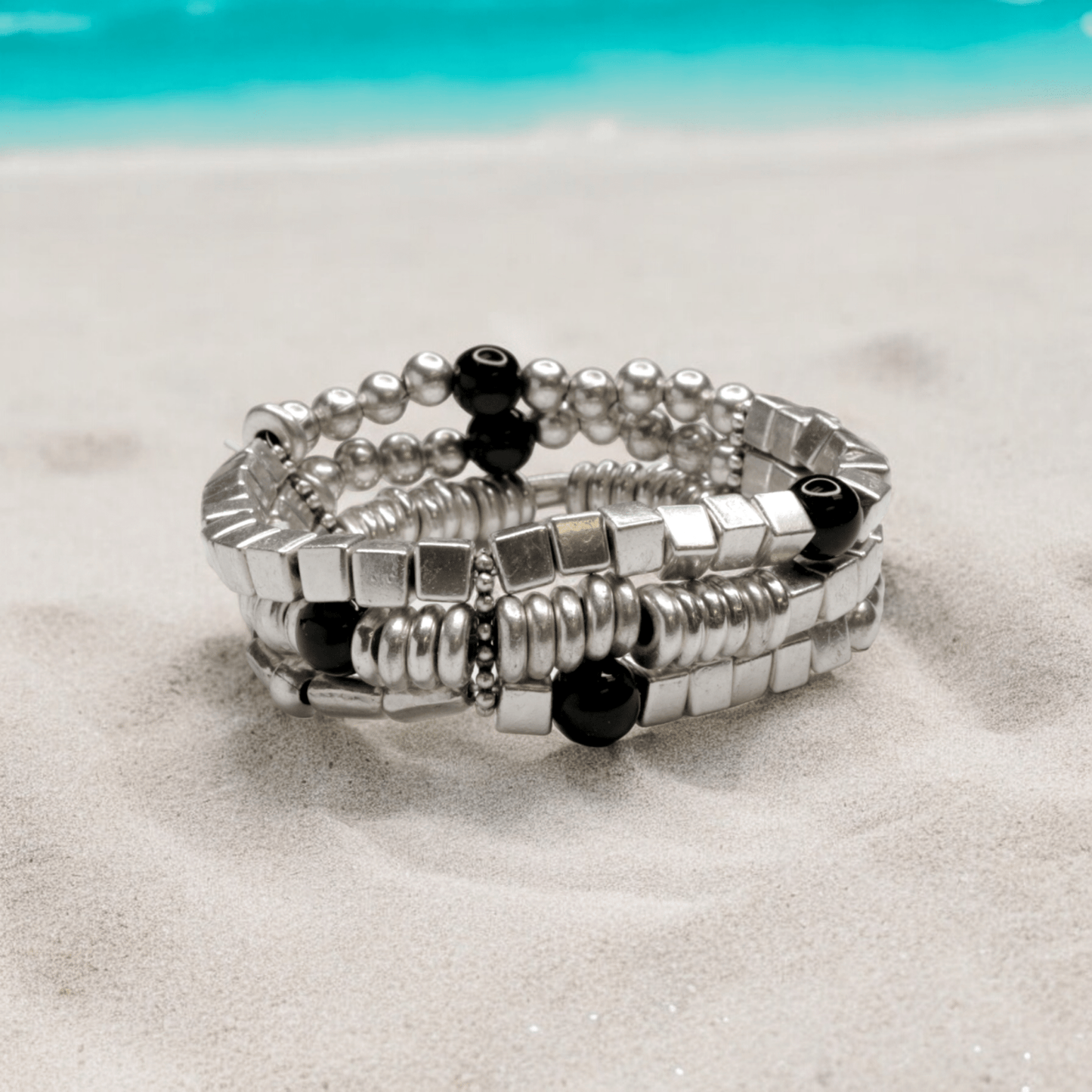 BLACK AND SILVER BOHO BEADED WRAP BRACELET