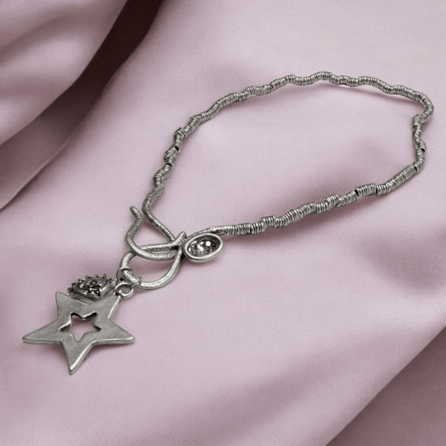 PEWTER BOHO NECKLACE GIFT FOR HER BOHO LOVER JEWELRY HANDMADE NECKLACE STARS AND MOON SPIRITUAL NECKLACE