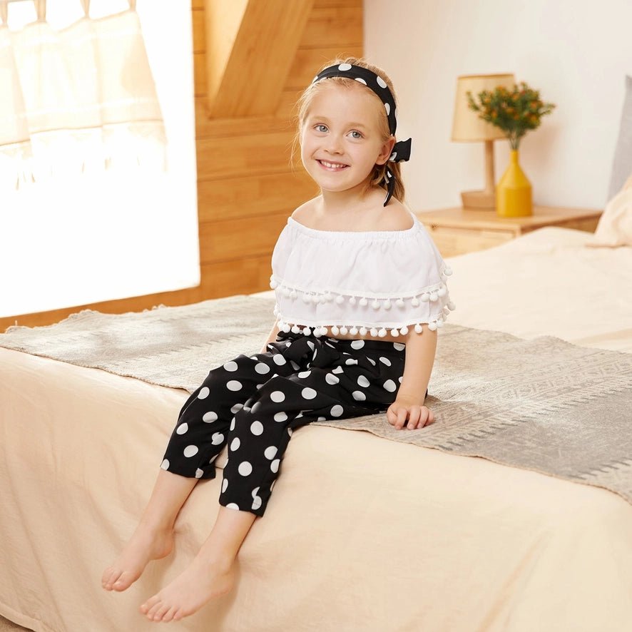 Fashionable Pompon Flounced Top and Pants Set 3 Pc Set