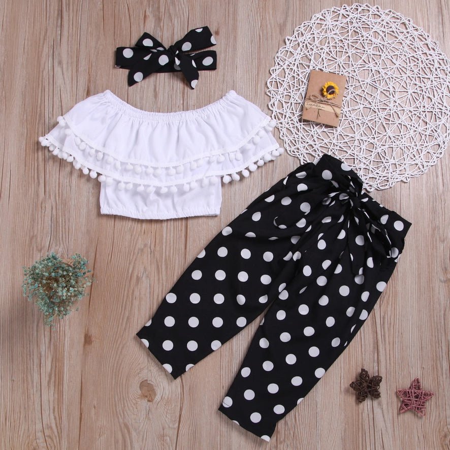 Discover Fashionable Kids' Outfits: Pompon Flounced Top and Pants Set – 3-Piece Ensemble for Your Little Trendsetter! Explore Now at HuniBee Boutique.