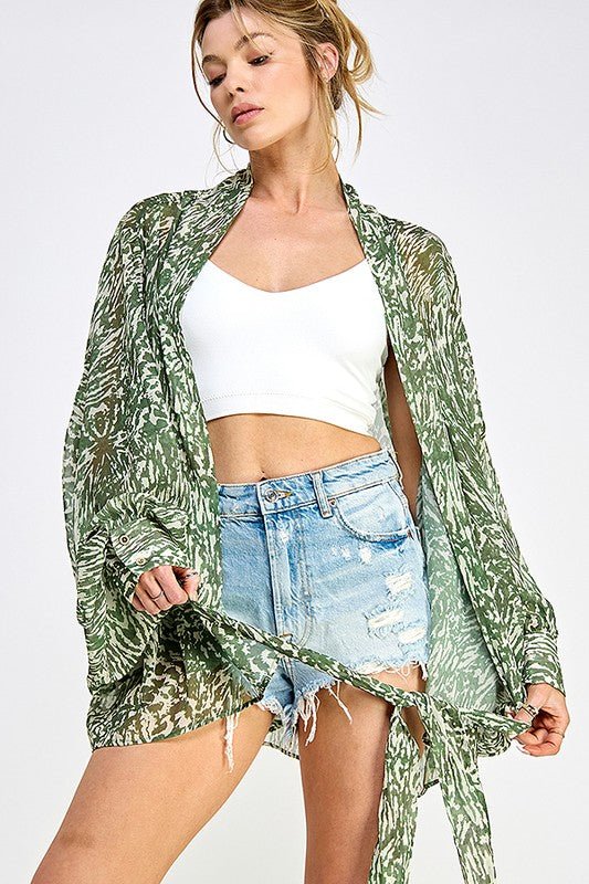 PRINT TIE DETAIL KIMONO TOP FOR WOMEN