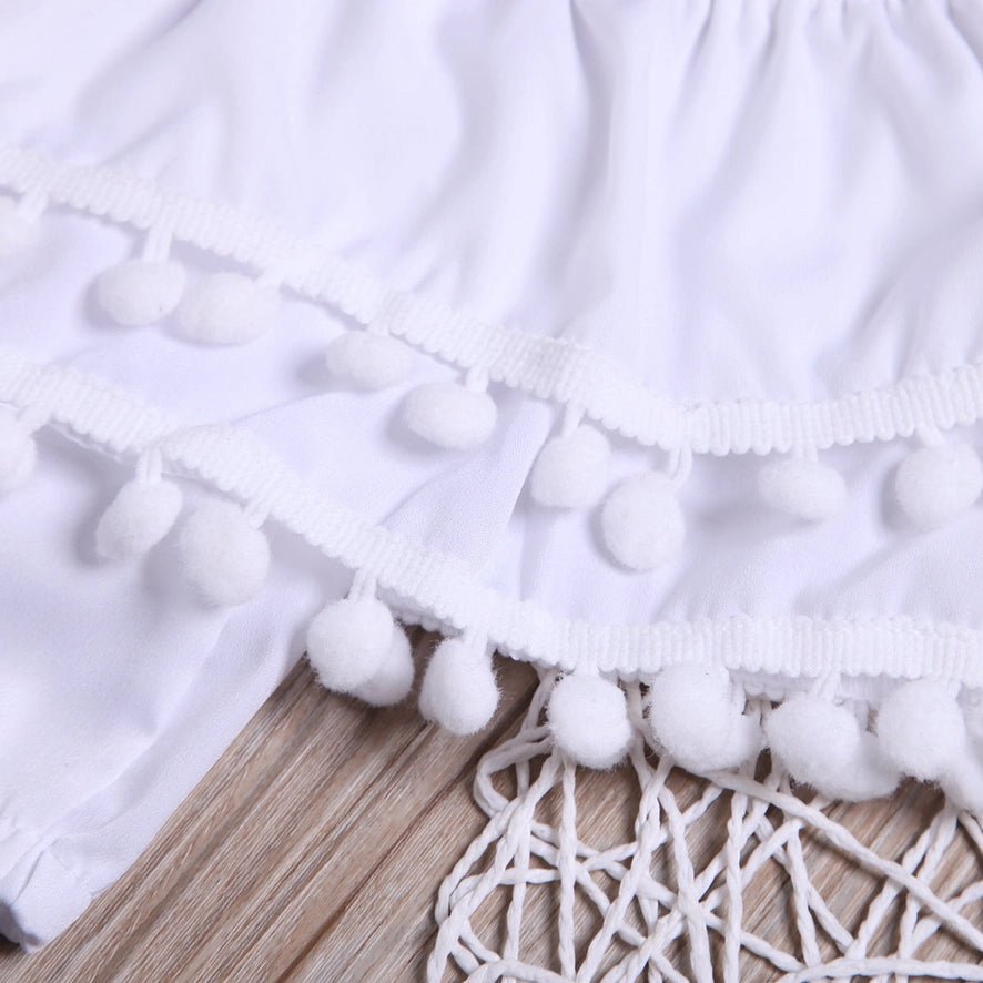 Fashionable Pompon Flounced Top and Pants Set 3 Pc Set