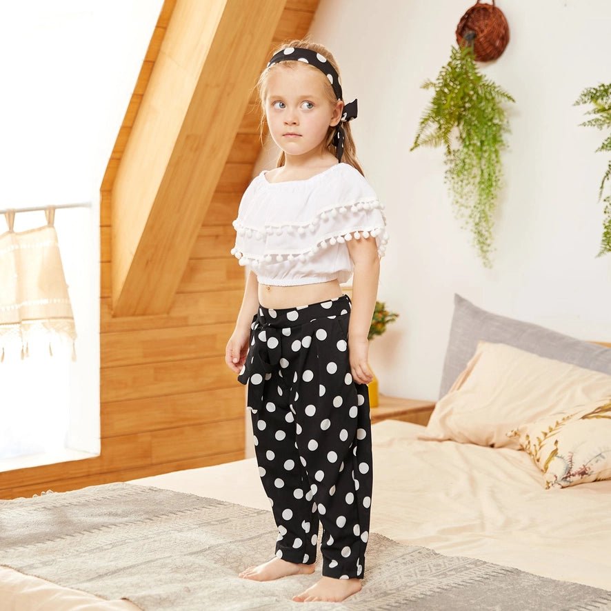 Fashionable Pompon Flounced Top and Pants Set 3 Pc Set
