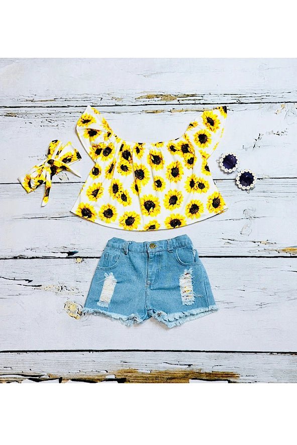 Elevate Your Child's Summer Style with Our Sunflowers Off-the-Shoulder Top and Denim Shorts - A Chic 3-Piece Set for Fashionable Kids! Shop Now at HuniBee Boutique