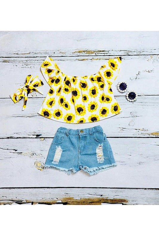 Elevate Your Child's Summer Style with Our Sunflowers Off-the-Shoulder Top and Denim Shorts - A Chic 3-Piece Set for Fashionable Kids! Shop Now at HuniBee Boutique