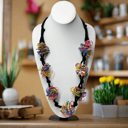 Handmade cotton bead necklace Unique colorful necklace for special occasions Handmade multi-color necklace for festivals Colorful boho chic necklace for summer Artistic handmade necklace for women One-of-a-kind colorful necklace Handmade colorful jewelry for gifts Multi-color bohemian statement necklace Handmade fashion necklace for women Trendy handmade boho accessories