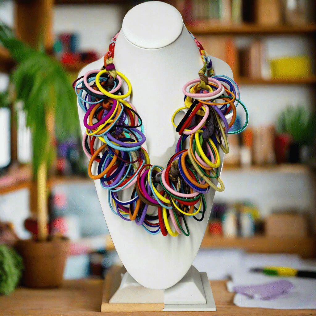 Handmade cotton bead necklace Unique colorful necklace for special occasions Handmade multi-color necklace for festivals Colorful boho chic necklace for summer Artistic handmade necklace for women One-of-a-kind colorful necklace Handmade colorful jewelry for gifts Multi-color bohemian statement necklace Handmade fashion necklace for women Trendy handmade boho accessories