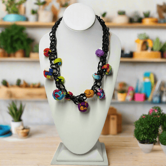 Handmade cotton bead necklace Unique colorful necklace for special occasions Handmade multi-color necklace for festivals Colorful boho chic necklace for summer Artistic handmade necklace for women One-of-a-kind colorful necklace Handmade colorful jewelry for gifts Multi-color bohemian statement necklace Handmade fashion necklace for women Trendy handmade boho accessories