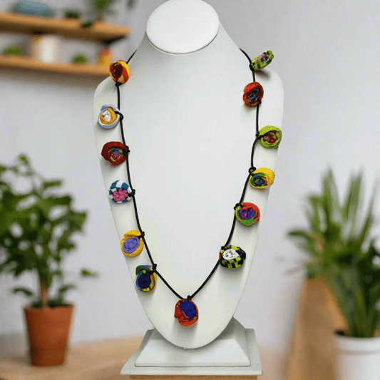 Handmade colorful necklace for women Unique bohemian necklace gift Multi-color statement necklace Artisan handcrafted jewelry piece Boho chic handmade necklace Colorful necklace with cord Handmade fashion jewelry for her Trendy boho necklace handmade Colorful statement piece jewelry Fashionable handmade accessories for women