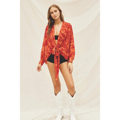 SMELL THE ROSES TIE DETAIL KIMONO TOP FOR WOMEN