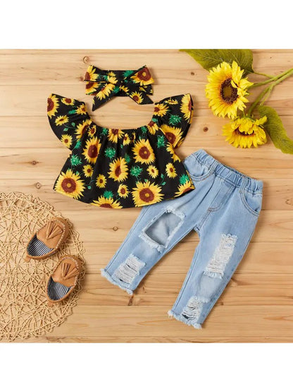 Sunflower Print Short-Sleeve Top and Jeans Set 3 pc set