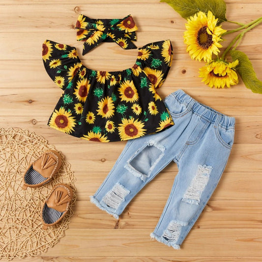 Elevate Your Child's Style with our Sunflower Print Short Sleeve Top and Jeans Set - A 3-Piece Ensemble for Fashionable Kids! Shop Now at HuniBee Boutique.