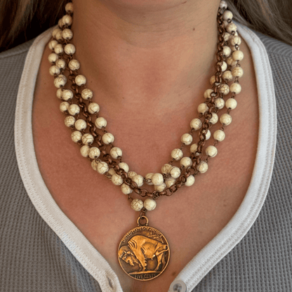 WHITE TURQUOISE COPPER COLLAR LENGTH NECKLACE WITH COIN