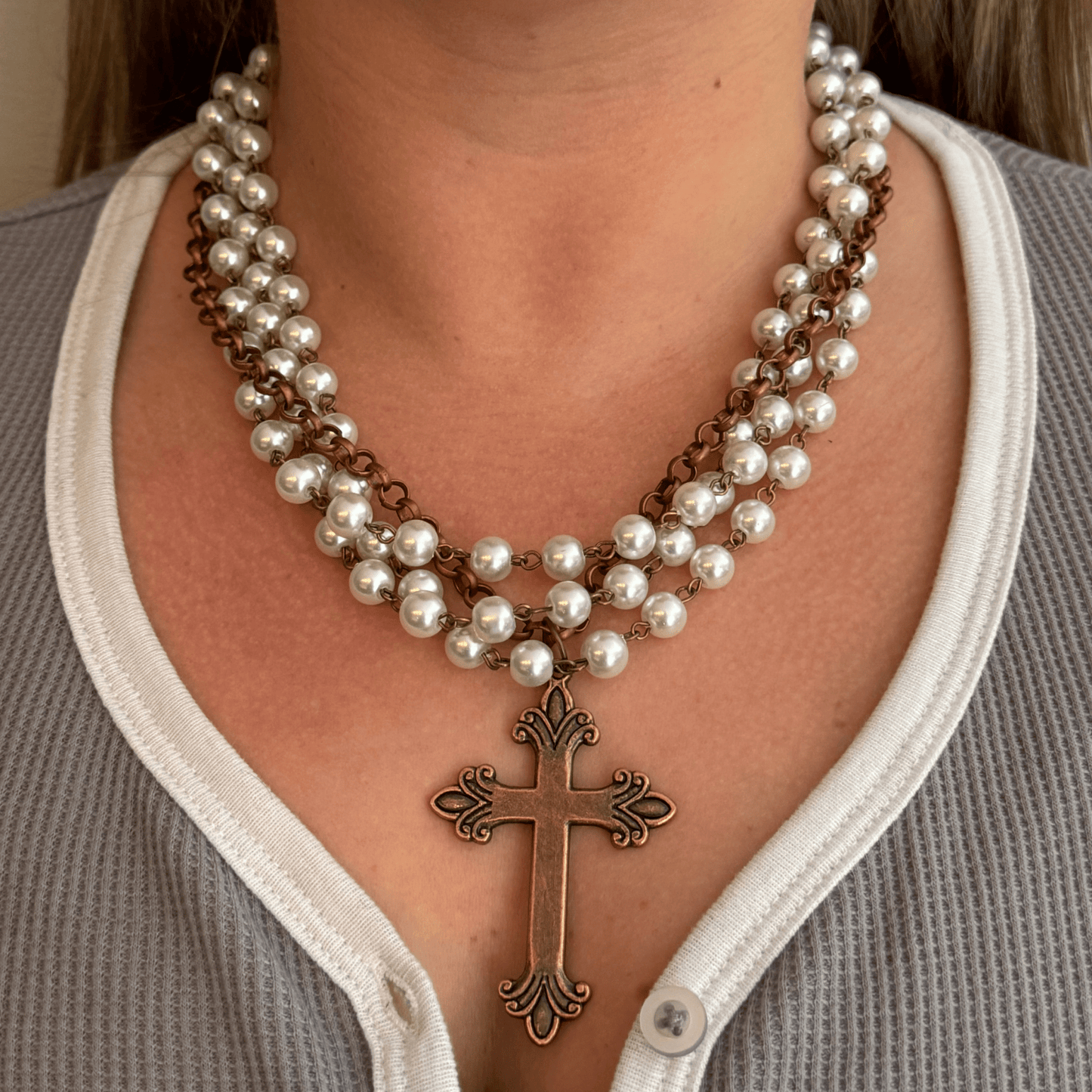 PEARL AND COPPER COLLAR LENGTH COPPER CROSS NECKLACE