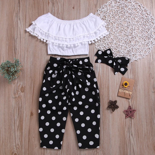 Get Ready to Slay in Style with Our Fashionable Pompon Flounced Top and Pants Set – 3-Piece Set for Your Little Fashionista! Shop Now at HuniBee Boutique for Trendy Kids' Outfits!