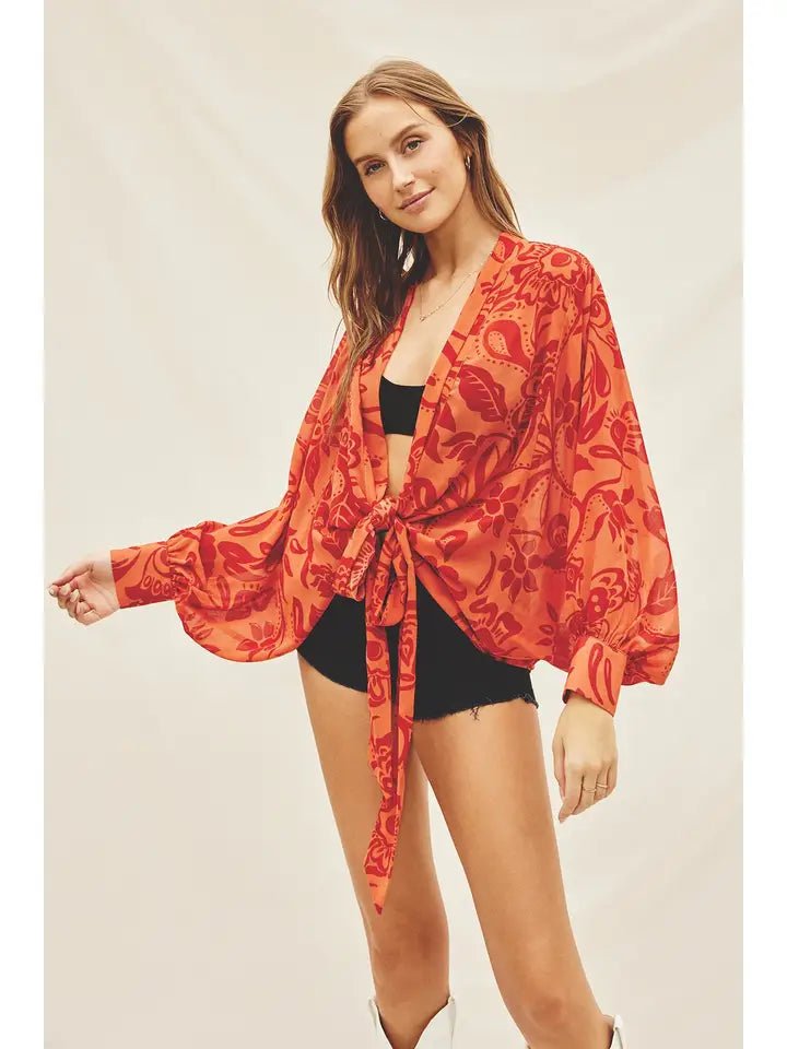 SMELL THE ROSES TIE DETAIL KIMONO TOP FOR WOMEN