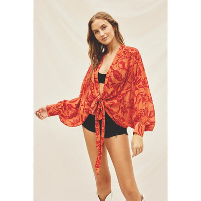 SMELL THE ROSES TIE DETAIL KIMONO TOP FOR WOMEN
