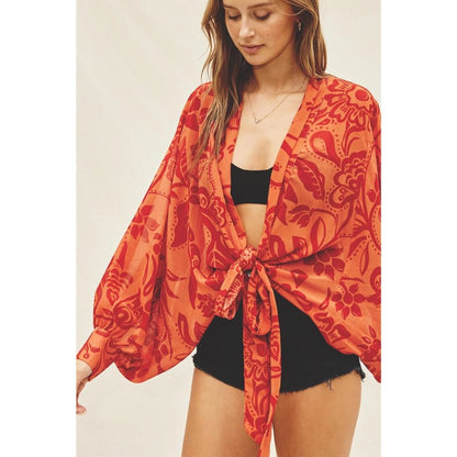 SMELL THE ROSES TIE DETAIL KIMONO TOP FOR WOMEN