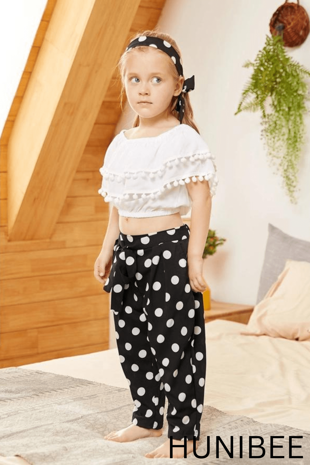 Elevate Your Child's Wardrobe with Our Fashionable Pompon Flounced Top and Pants Set – 3-Piece Ensemble for Stylish Kids! Explore Now at HuniBee Boutique.