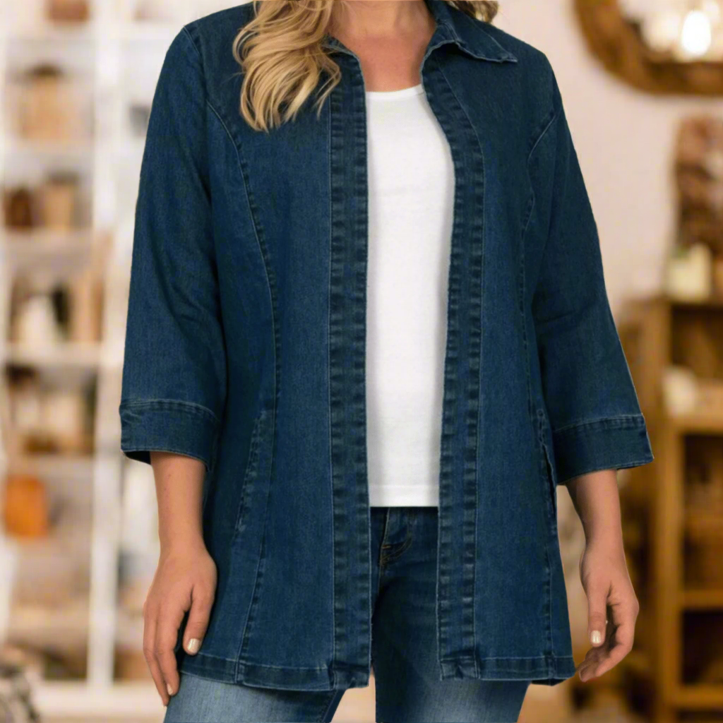 tretchy jean jacket
Soft jean jacket
Comfortable jean jacket
Denim jacket
Women's jean jacket
Stretchy denim jacket
Casual jacket
Fitted jean jacket
Lightweight denim jacket
Blue jean jacket