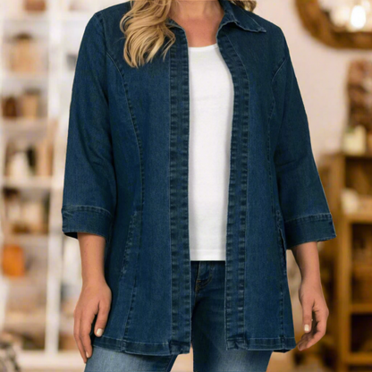 tretchy jean jacket
Soft jean jacket
Comfortable jean jacket
Denim jacket
Women's jean jacket
Stretchy denim jacket
Casual jacket
Fitted jean jacket
Lightweight denim jacket
Blue jean jacket