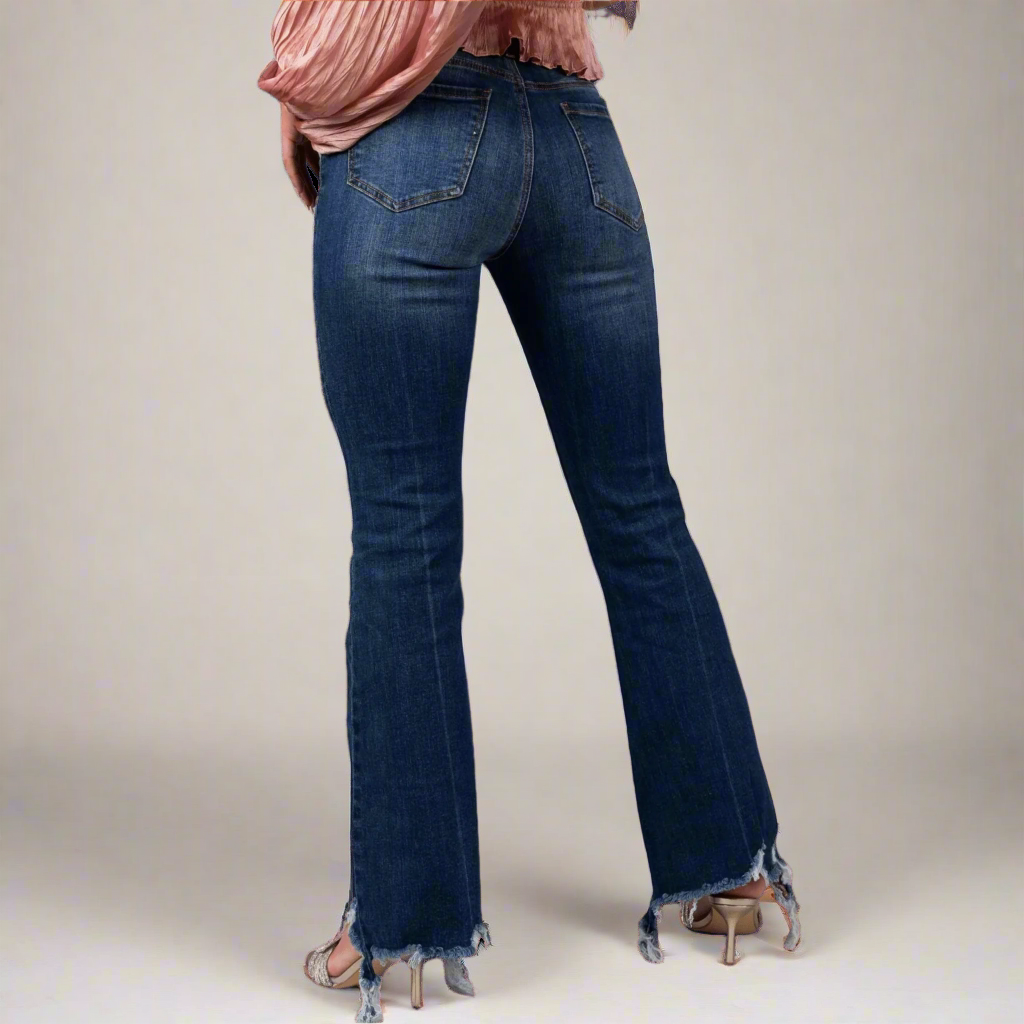 Mid Rise Raw Hem Flare Jeans
