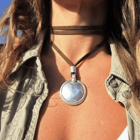 Boho leather pendant necklace boho gift for her leather statement necklace statement jewelry 
