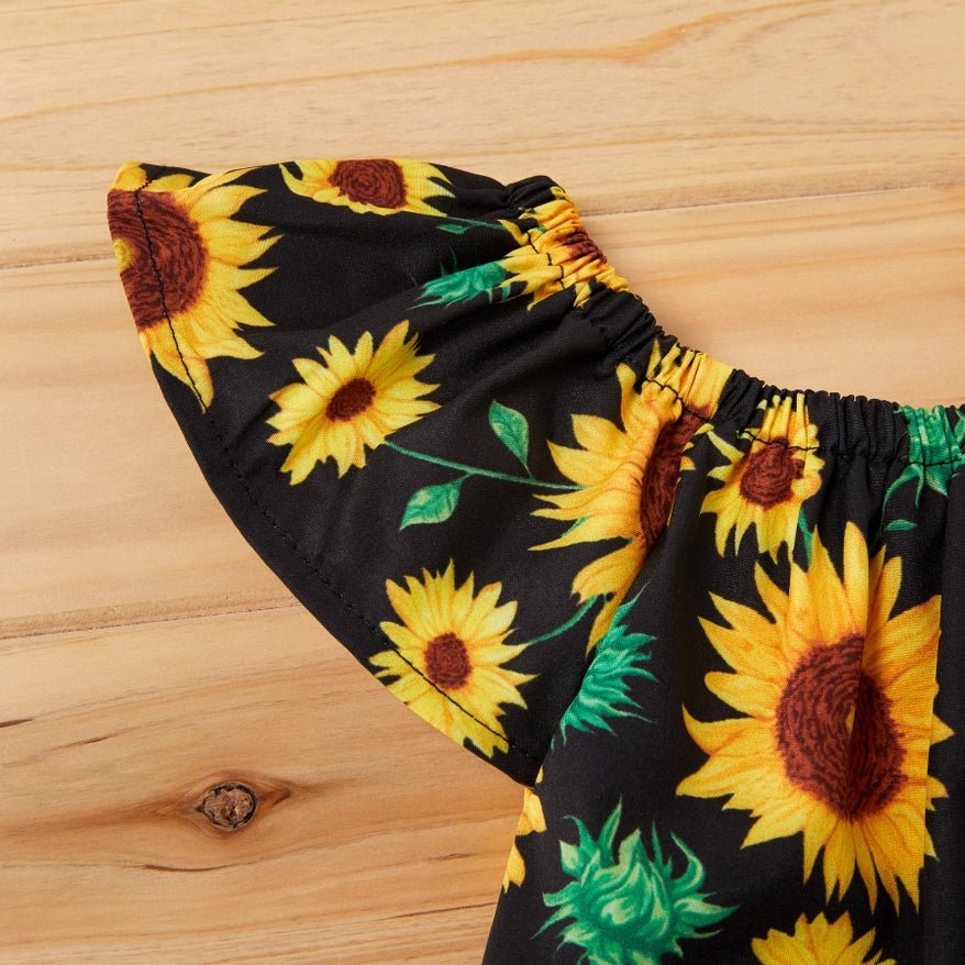 Bring the Sunshine into Your Child's Wardrobe with Our Sunflower Print Short Sleeve Top and Jeans Set - A 3-Piece Ensemble for Happy Kids! Shop Now at HuniBee Boutique.